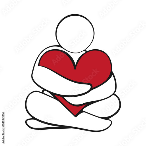 Abstract style person sitting down hugging a large heart for self care or body positive concept in outline vector