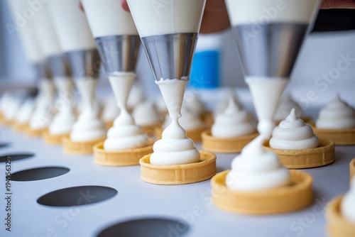 Expert baker piping delicate white meringue cream onto golden tart shells for delicious sweet desserts.