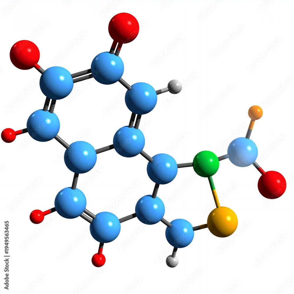 Obraz premium Molecular structure of a chemical compound with atoms represented by spheres and bonds by sticks.
