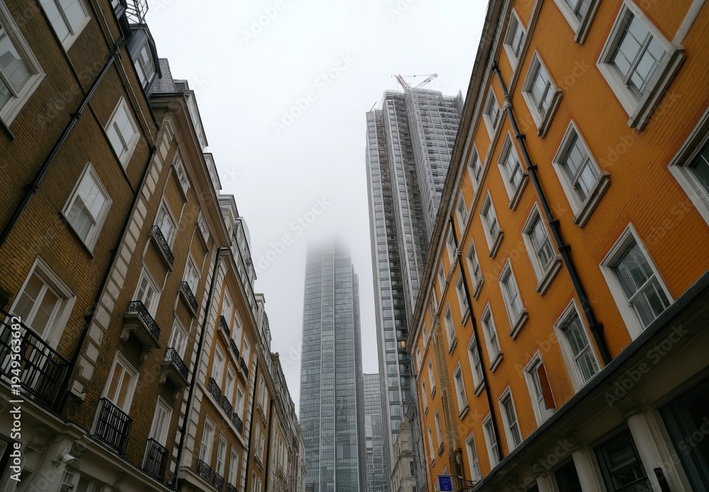 Fototapeta premium Cityscape view from narrow street showing modern buildings in fog