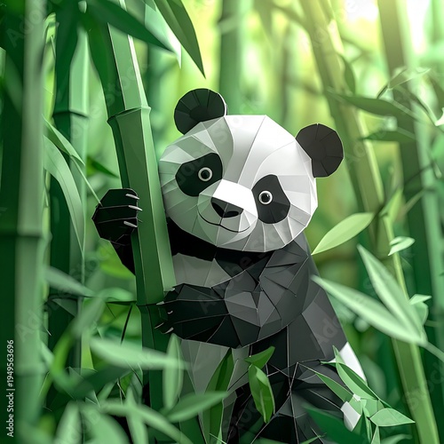 Papercraft Panda Bear in Lush Bamboo Forest.