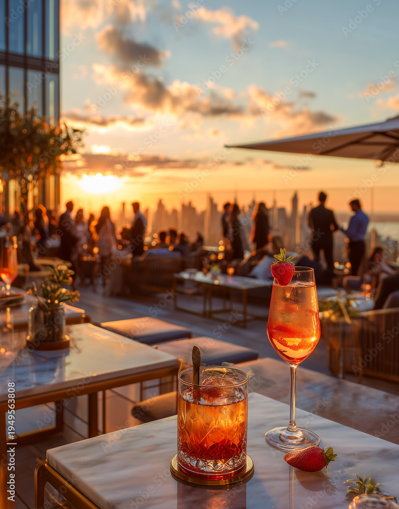 Fototapeta premium Luxury rooftop bar at sunset with cold cocktails on a marble table. Blurred silhouettes of people enjoying the golden hour with a stunning city skyline view in the background