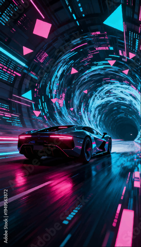 A cyberpunk-style vector illustration depicting a supercar speeding through a tunnel formed by swirling streams of digital data and neon geometric shapes.