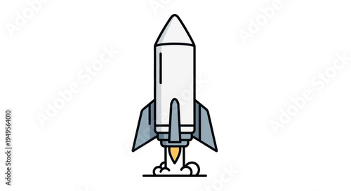 A rocket ship blasts off into space with flames and smoke.