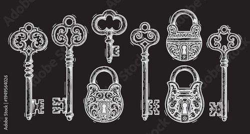 Intricately Designed Victorian Key Collection with Medieval Gothic Style Locks Vector Illustration. padlocks engraving