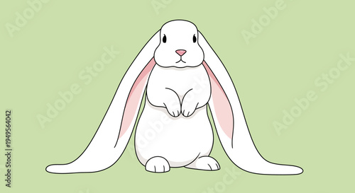 An illustration of a white rabbit with long ears sits on green background.