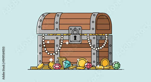 A treasure chest overflowing with gold coins and precious jewels on a plain background.