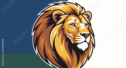 Majestic lion head illustration on blue background with green accents and white space