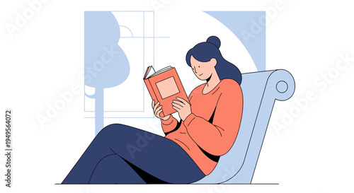 A woman sits on a chair reading a book indoors by the window peacefully.