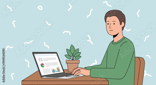 Man sitting at desk working on laptop with plant nearby in office