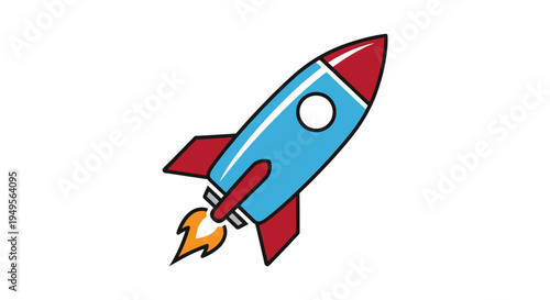 A rocket ship blasts off into the sky with flames and smoke.