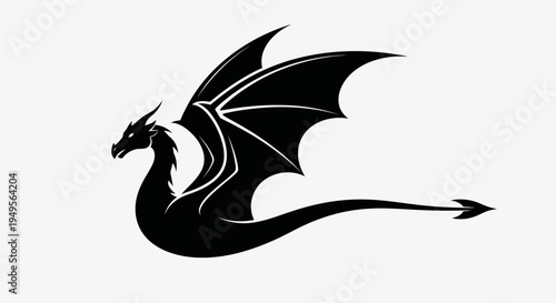 A black dragon illustration soars through fantasy air with wings spread wide.