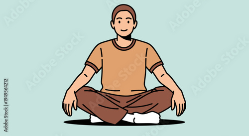 Young man sitting cross-legged on floor meditating in calm environment