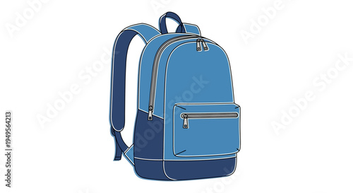 A blue backpack with zippers and straps on a white background illustration