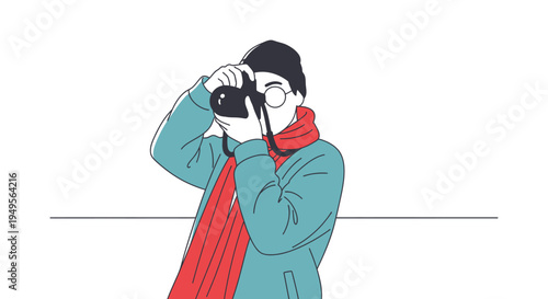 A man in a teal jacket and red scarf takes a photo with his camera outdoors.