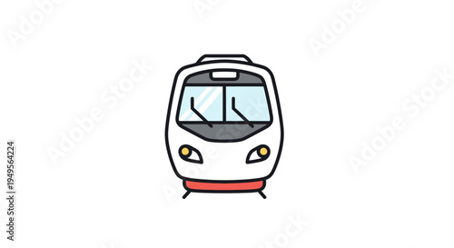 A cartoon illustration of a white train with red trim and yellow headlights viewed from the front.