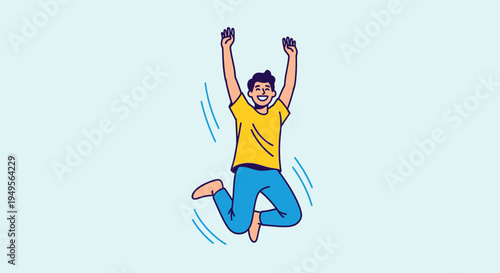 A man jumps up in the air with his arms raised in excitement outdoors.