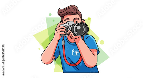 A man takes a photo with his camera in a graphic illustration style outdoors.