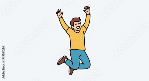 A man jumps up with arms raised in excitement outdoors.