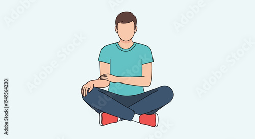 A man sits cross-legged with his arms resting on his knees in a relaxed pose.