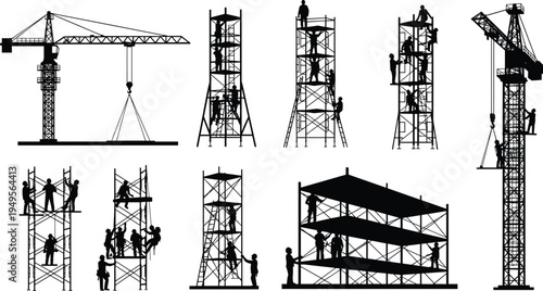Construction workers on scaffolding and tower crane silhouettes set, builders working at construction site, industrial building process, engineering and labor teamwork illustration