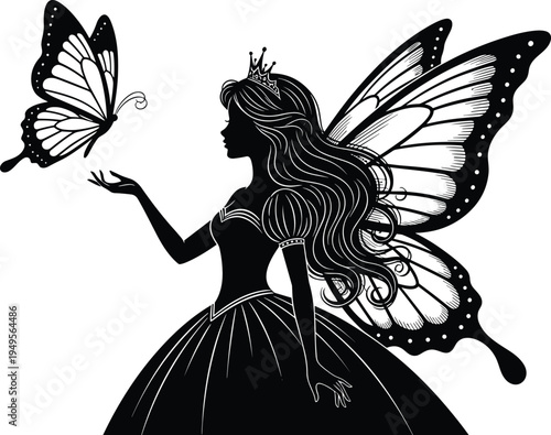 Fairy princess silhouette with butterfly wings holding butterfly, magical fantasy character illustration, enchanted fairy tale design, mystical female figure isolated on white background