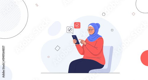 Elderly Muslim Woman Using Smartphone, Receiving Notifications, Online Communication