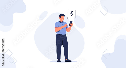 Man checking smartphone with low battery warning, modern flat illustration