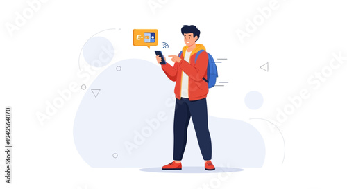 Young Man Using Smartphone for E-SIM Technology and Mobile Connectivity