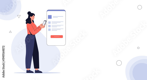 Woman using smartphone for online shopping or browsing app on a minimalist background