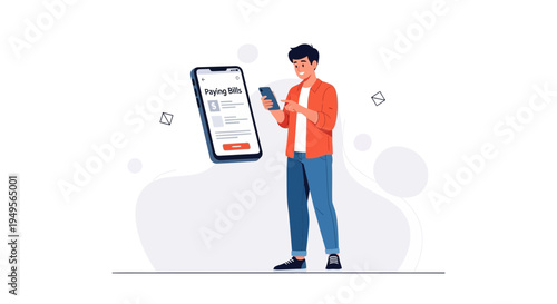 Man Paying Bills Online Using Mobile App, Digital Payment Concept