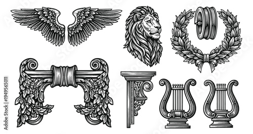 Collection of ornate  baroque and rococo architectural molding elements featuring intricate wings, lion, etc and decorative flourishes perfect for classical design projects.
