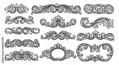 Decorative floral design elements. Ornate swirling floral motif. Pattern vector illustration in vintage engraving style