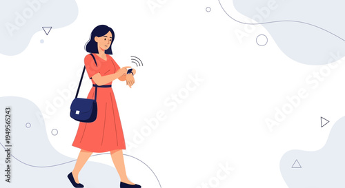 Woman in orange dress checking smartwatch while walking, modern abstract background