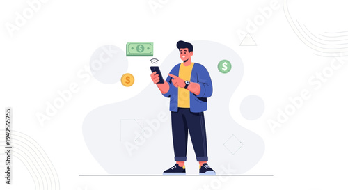 Man using smartphone for online payment, money and coins floating around