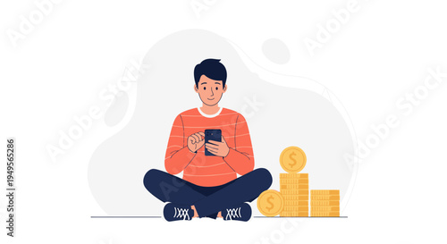 Man using smartphone with stacks of gold coins, online banking, financial app, investment concept