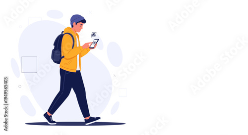 Young man in yellow hoodie with backpack using smartphone while walking outdoors