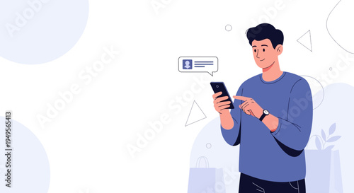 Man using smartphone, receiving message notification, modern flat illustration
