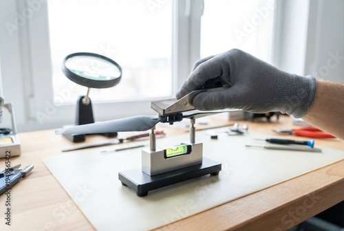 Person using sandpaper to carefully sand and balance drone propeller on magnetic levitation balancer