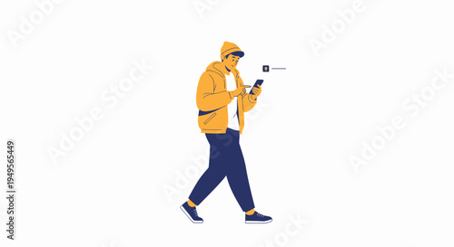 Man in Yellow Jacket and Beanie Using Smartphone While Walking