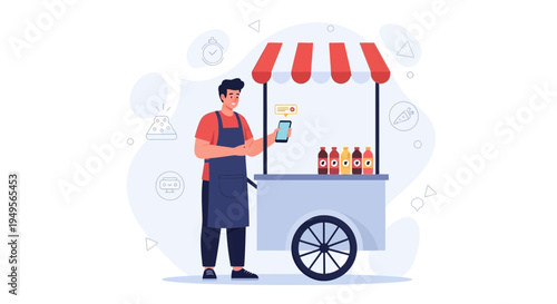 Street vendor with mobile phone at food cart with drinks, modern business concept