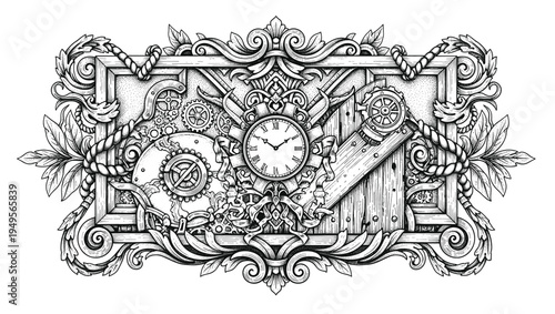 engraving illustration of victorian, rococo, baroque style elements. book cover, social media, t shirt design application