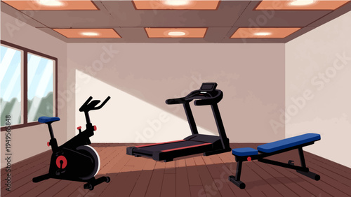 Modern gym interior with treadmill stationary bike and weight bench vector illustration