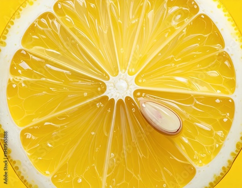 Bright Yellow Lemon Slice with Seed, Close-Up Detail.