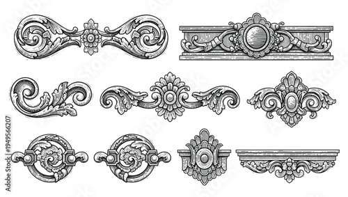set of patterns and ornamental vector elements featuring ornate scroll borders. wings, pillars and retro curves for decorative frame design