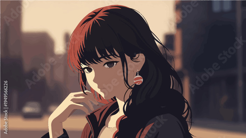 Thoughtful woman with dark hair and red earrings in urban setting illustration