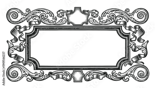 ornate vintage frames with baroque and rococo elements, including ribbon, floral elements, presented in a hand-drawn black and white sketch style