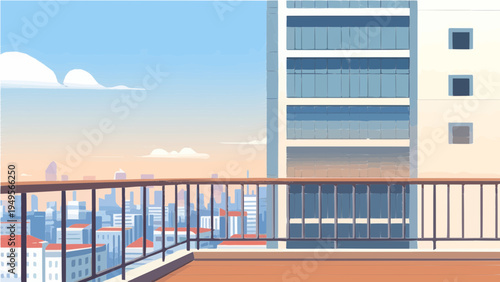 City balcony view with railing and sunset sky vector illustration
