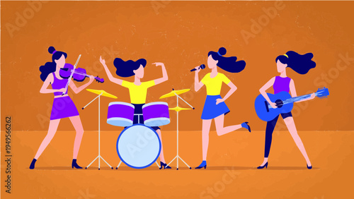 Colorful female pop band performing with instruments on orange background illustration