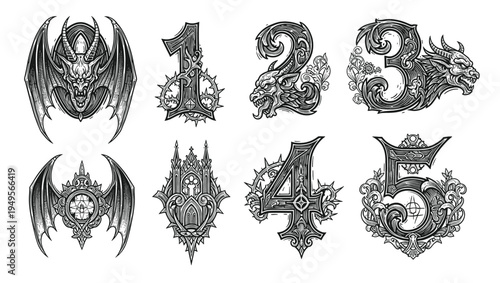 Vintage gothic engraving illustration set featuring skull with wings, gargoyle statues, bat wings, cross, cathedral architecture and crown of thorns.